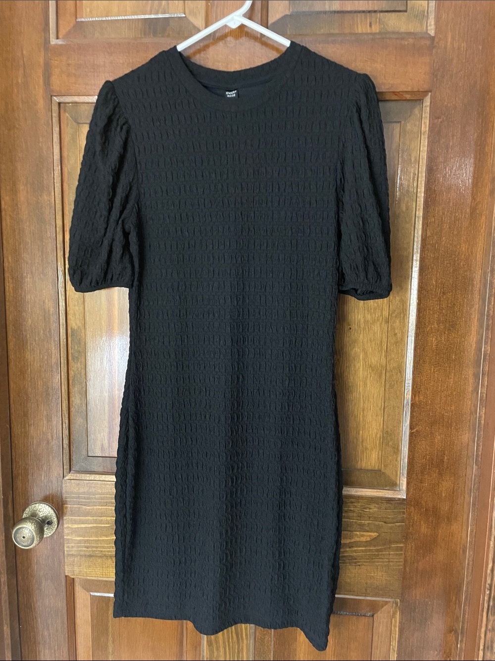 Emery Rose black textured dress, puffy sleeves, below knee, size M